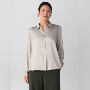 NWT Eileen Fisher Stretch Silk Charmeuse Classic Collar Shirt in Chalk